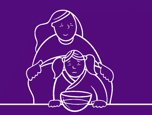 Animated GIF of a parent holding a towel over a child’s head, with a bowl of water in front of her.