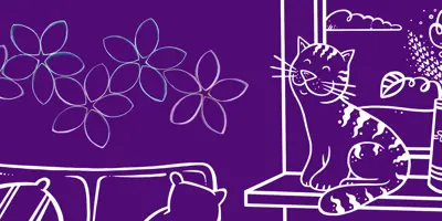 Cat on a windowsill beside flowers and books, with cardboard wall art flowers above a sofa in a cosy room scene.