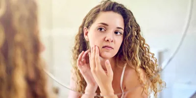 A young woman squeezing a pimple on her oily skin and looking at the mirror