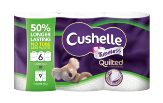 Cushelle Tubeless quilted toilet paper 50% longer lasting no tube less waste