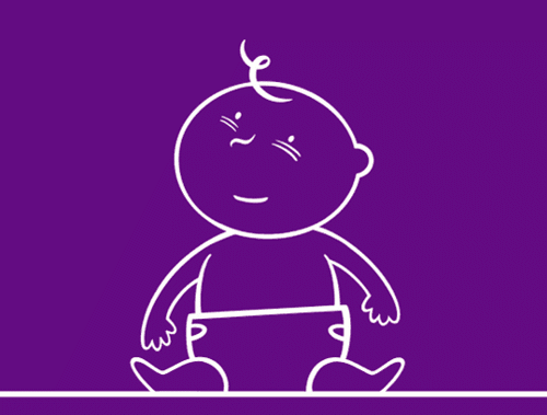 White-line illustrated GIF on a purple background of a hand using a saline drip in each nostril of a block nose newborn.
