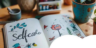 An open journal with “Selfcare” written and colourful doodles on a desk, surrounded by plants and stationery items.