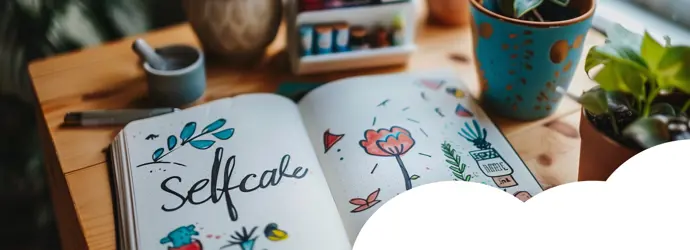 An open journal with “Selfcare” written and colourful doodles on a desk, surrounded by plants and stationery items.