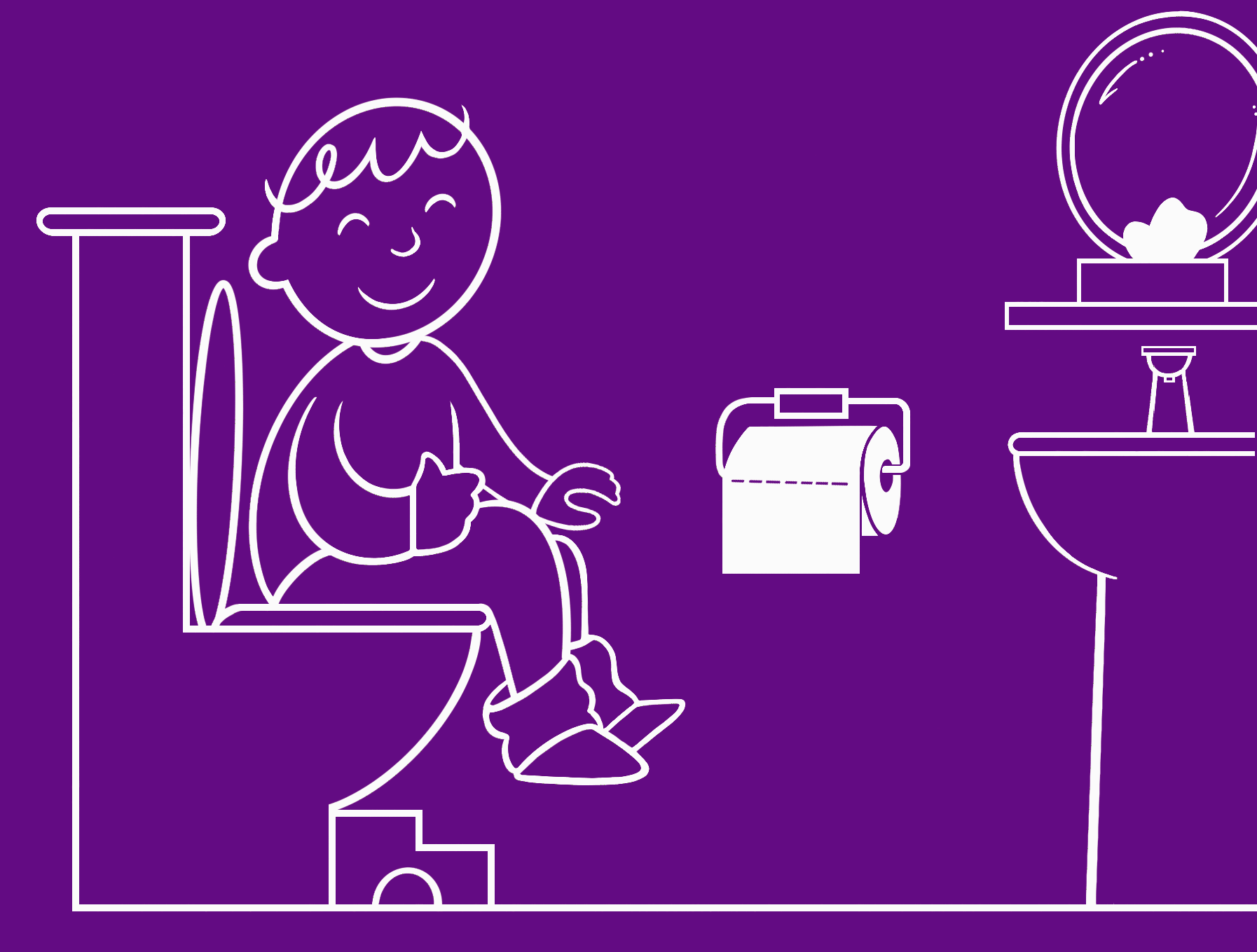 An illustrative gif of a young boy sitting on the toilet, pulling toilet paper off the roll.
