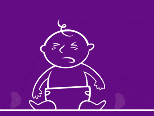 Illustrated GIF of a slightly distressed baby with newborn blocked nose sitting upright between two moving white lines representing steam.